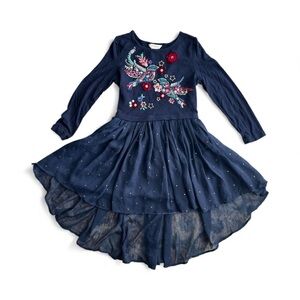 Monsoon Midnight Blue Floral Embroidered girls high low Dress Sz 5-6 years